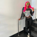 Long-Sleeved Cool Street Print T-Shirt Girl Personality Trendy Street With Short Sleeve Top DJPT