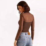 Women's High-Collar Mesh Splicing Long Sleeve Sexy Perspective Short Top DJPT