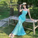 High-End Hottie Dye Mesh Splicing Sling Skirt Summer Temperament Slim Slim Thin Fishtail Skirt