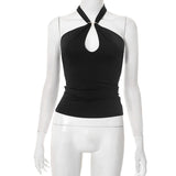 Women's Sleeveless Backs Piercing Hanging Neck Strapt Tight Vest Tops DJPT