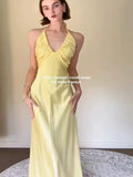 Sexy Yellow Acetate-Sing Slanted Hanging Neck Dress Summer Temperament Thin Back Dress Dress