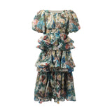 Retro Court Dress 2025 Summer New Multi-Layer Lotus Side Bubble Sleeve Print Dress Dress Woman