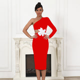 New Single-Sleeved Tender Dress Sexy Fashion Flower Nail Medium Long Dress