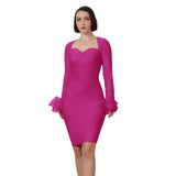 Women's Clothing 2025 Spring New Bandage Dress Elegant Square Collar Feathers Long-Sleeved Dress Dress