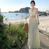 Style Sexy Hottie Suit Female V-Neck Hanging Neck Sling Vest High-Waisted Long Skirt Two Sets