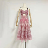 Women's Dress 2025 Spring New Women's Dress Slings Breasts Printed Waist Lotus Leaf Side Short Skirt