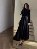 New Gold Velvet Thin Waist Black Round-Neck Long-Sleeved Dress Woman