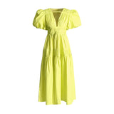 Retro Elegant Style Dress 2025 Summer New V-Neck Bubble Sleeve Folded Lotus Leaves Side Waist Dress Dress Woman