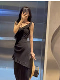 Sheath V Neckline Ruffled Black Chiffon Beach Dress Women's Vacation Dresses SD1140