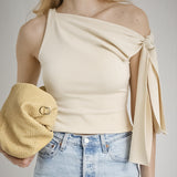 Golden Little Sister With The Same Ribbon Clothes 2025 Summer New Sexy Shoulder T-Shirt Girl DJPT