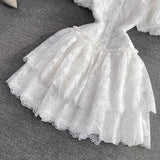 Summer Retro Temperament Super Fairy Collar Single Buckle White Embroidery Bubble Sleeve A Word Cake Dress DJPT