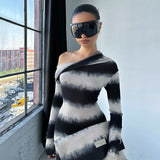 Autumn New Dizzened Black And White Striped Asymmetrical Shoulder Heap Long Sleeve Dress Woman DJPT