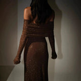 Women's New Luxury Out-Shoulder Long-Sleeved Body Drilled Noble Dress HZ0628