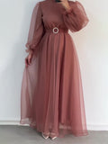 Spring 2024 New Half-High Neckernet Yarn Elegant Thin Lantern Sleeve Dress Woman