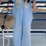 Unique Embroidered Blue Shirt Broad Leg Pants Two Sets Of Women 2025 Early Spring Wear