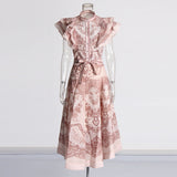Bohemian Wind 2025 Spring New Neckline With Flying Sleeves To Close The Waist Print Medium Long Skirt Dress