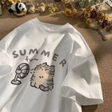 Cotton Shoulder Summer New Round Collar Short-Sleeved T-Shirt Cute Kitten Print Loose Blouse DJPT