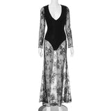 Women's Deep V Lace Splicing Line Bottom Sexy Long Dress DJPT
