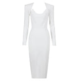 New Spring And Autumn Temperament Banded Skirt Square Horn Cushion Shoulder Long Sleeve Elastic Body Elegant Dress