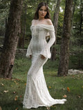 Temperament French Retro Wind Tailing Dress 2025 Summer Season New Word Shoulder Long-Sleeved Lace Hollow Dress