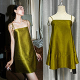 Zhao Sanguanjin Green High-End Sling Skirt One-Word Shoulder Loose Dress 2024 New