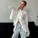 Women's Round Collar Horn Sleeve Lotus Leaf Side Design Micro-Permeable Shirt Top DJPT