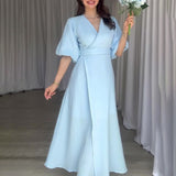Women's Summer V Tie With Bubble Sleeve High Waist Slim Slim Dress