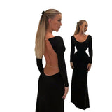 Sexy Bare Back Chain Long-Sleeved Temperament Dress Female New Hot Girl Open Fork Dress DJPT