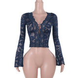 Autumn 2025 New Women's Dresses Sexy Vicaric V-Necked Lace Long Sleeve Blouse DJPT