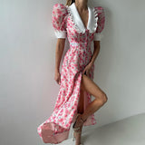 Women's Summer Printing Dolls To Receive Waist Thin Temperament Bubble Sleeve Dress