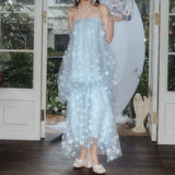 New Blue Flower Mesh Yarn Sling Skirt Super Fairy Fashion Age Reduction Dress