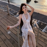 New Famous Sexy Lace Deep V-Neck Hanging Neck Dress Flowers Thin Leaves Side Open Fork Dress