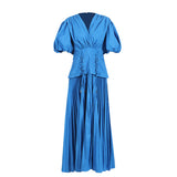 Retro Bubble Sleeve Rope Waist-Waisted Dress 2025 Summer New Folding Splicing Solid Color Dress Dress Women's Dress