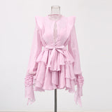 Lotus Leaf Side Solid Dress 2025 New Female Summer Round Lantern Sleeve With Belt Splicing Dress