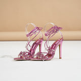 Shoes Women 2024 New Summer Cross-Tie Fairy Wind Silver Bow Bow Toe Ultrafine Heels High Quality Shoes