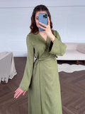 Long-Sleeved Dress 2024 Summer Cold Feeling With Belt V-Neck Zen Style Dress