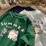 Cotton Shoulder Summer New Round Collar Short-Sleeved T-Shirt Cute Kitten Print Loose Blouse DJPT