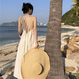 Woven-Back White Dress Design Small Thin Sexy Sanya Seaside Beach Dress Girl