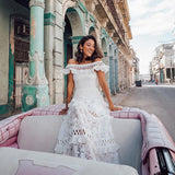 Summer New Women's Dress A Word Shoulder Lotus Side Hollow Lace Dress Dress DJPT