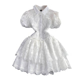 Summer Retro Temperament Super Fairy Collar Single Buckle White Embroidery Bubble Sleeve A Word Cake Dress DJPT