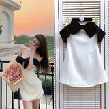 Same Hepburn Style Temperament Bow Spliced A Word Shoulder Bra Sweet Dress Dress Female C2#6582 DJPT