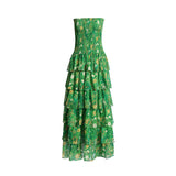 Pastoral Chiffon Dress 2025 Summer New Green Print Chest Lotus Leaf Folding Dress Dress Woman