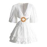 Retro Clodress 2025 Summer New V-Neck Lantern Sleeve Sexy High-Waisted Waist-High Waist Dress