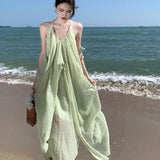 Lusty Sexy Back Hanging Neck Dress Women's Summer Vacation Folds Long Dress Green Loose A Word Skirt