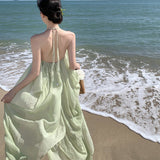 Lusty Sexy Back Hanging Neck Dress Women's Summer Vacation Folds Long Dress Green Loose A Word Skirt