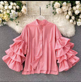 Shirt Women Wish Multi-Layer Lotus Side Horn Sleeve Shirt Loose Set Small Collar Top DJPT