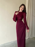 Solid Color Simple Pocket Sexy Bag Dress Long Sleeve Folds Elegant High-End Feel Dress