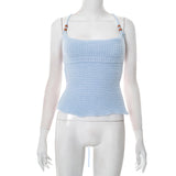 Women's Solid Color Sleeveless Bare Back Strap U Tie Beads Tight Wool Vest DJPT