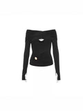 Club Babes Knitted Shirt 2025 Spring Metal Cross-Kin Knot Sexy Hollow Black Bottom Top Woman