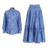 Summer New Fashion Collar Embroidered Water-Soluble Flower Hollow Shirt + Strapping Rope Skirt Dress Suit Woman